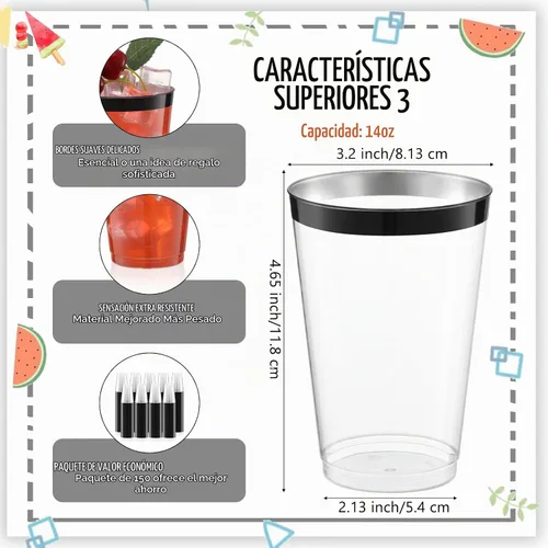 Vista 2 de Norme - 50 vasos desechables de plástico transparente con borde de 14 onzas Negro