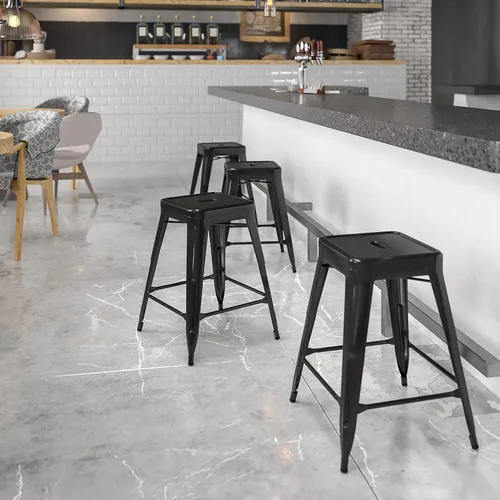 Vista 2 de Taburete de 24 pulgadas de alto para interior y exterior con asiento cuadrado., Metal, Negro