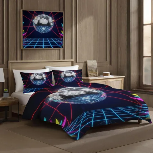 Vista 3 de Retro Disco Ball Duvet Cover Twin Size - Synthwave Neon Grid Bedding Set & Bedroom Decor, 2 Piece, Soft Microfiber Reversible Comforter Cover & 1