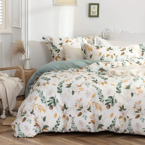 Vista 13 de MILDLY - Juego de funda de edredón con patrón, 3 piezas, 100 % algodón lavado, diseño de jardín floral botánico con hojas de flores, sensación