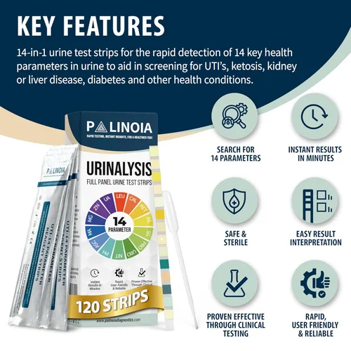 Vista 6 de Tiras de prueba de orina de panel completo 14 en 1 para análisis de orina 120 tiras en bolsas resellables – Prueba de salud renal, función