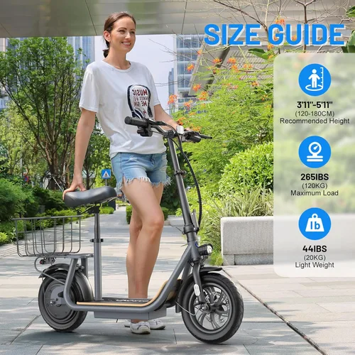 Vista 98 de Caroma Electric Scooter with Seat, Max 30 Miles Range&20MPH Speed, Peak 800/1200W Motor, Foldable Electric Scooter for Adults and Teens, Commuter E