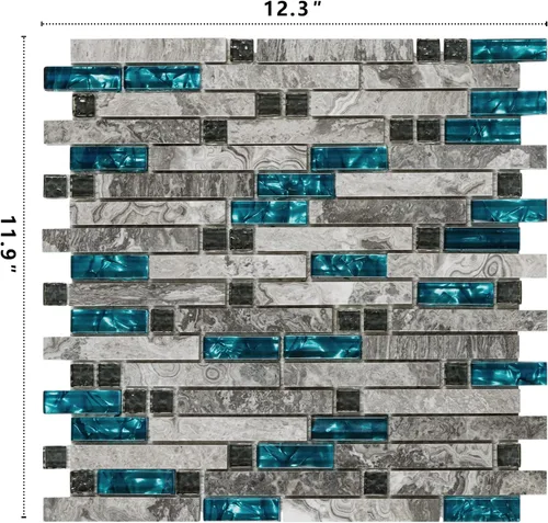 Vista 3 de Midcard 4 hojas de azulejo de mármol gris para salpicadura de cocina 30 x 30 x 6 mm, Azulejo de vidrio azul con mosaico de piedra gris para baño