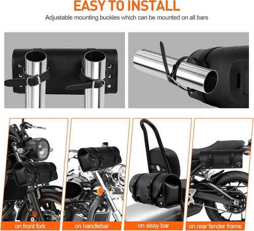 Vista 4 de Bolsa de herramientas para motocicleta, bolsa universal de piel sintética para manillar, tenedor frontal, bolsa de almacenamiento para barra Sissy