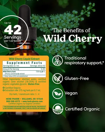 Vista 2 de Herb Pharm Extracto líquido de corteza de cereza silvestre orgánico certificado para apoyo respiratorio - 1 onza (DWCHER01)