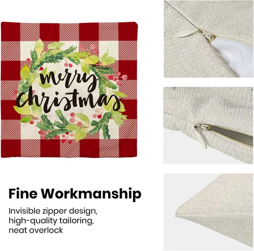 Vista 5 de Juego de 2 fundas de almohada de Navidad de 18 x 18 pulgadas, diseño de flores de búfalo rojo, corona de flores de Navidad, fundas de cojín de lino