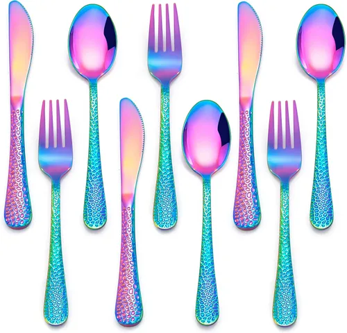Vista 8 de HaWare Juego de cubiertos de 9 piezas para niños pequeños, cubiertos martillados de acero inoxidable, utensilios de alimentación preescolar, incluye