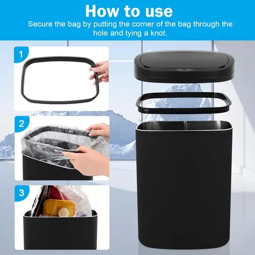 Vista 6 de Bigacc Cubo de basura de 13 galones con tapa, sensor de movimiento, cubo de basura de cocina, material plástico impermeable y a prueba de desorden