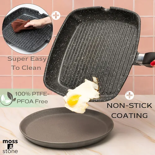 Vista 20 de Moss & Stone Sartén antiadherente de 12 pulgadas para cocinar en interiores, sartén de aluminio fundido para estufa e inducción, apta