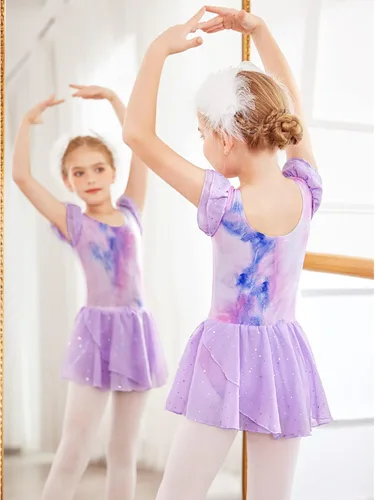 Vista 4 de Arshiner Vestido de ballet para niñas, con mangas con holanes y leotardo con falda tutú