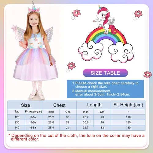 Vista 7 de Geyoga Ropa de vestir de princesa de unicornio para niñas disfraz de unicornio arcoíris con diadema varita justa accesorios de joyería