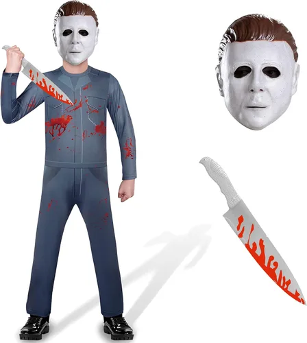 Vista 3 de Byriady Michael Costume for Kids Scary Killer Jumpsuit Cosplay with Zombie Mask Toy Knife 4-12 Years