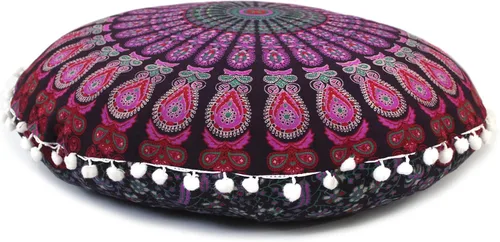 Vista 22 de Funda redonda para cojín de mandala, estilo hippie, bohemio, otomana, con pompones, funda decorativa, boho, india, 22 pulgadas (multicolor Yin yang)