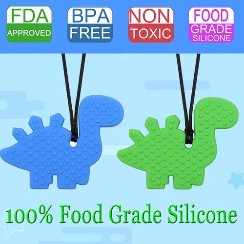 Vista 2 de Collares masticables para niños sensoriales, collar masticable de dinosaurio de silicona para niños con autismo, TDAH, SPD, collares de masticación
