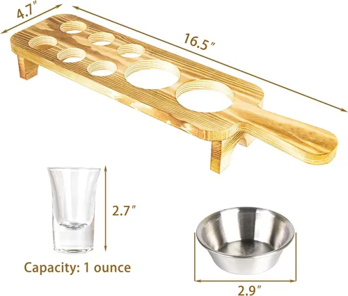 Vista 2 de Bandeja para servir vasos de chupito de tequila con juego de 6 vasos de chupito, soporte de madera único para beber, servir, exhibir y almacenar