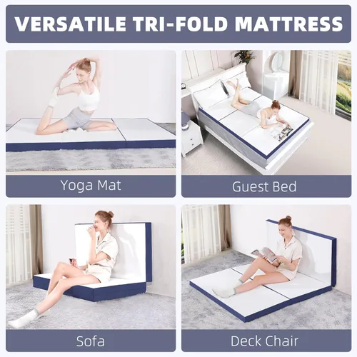 Vista 4 de Colchón Tri Plegable, Colchón de Espuma Plegable de 4 Pulgadas con Funda Transpirable y Lavable, Cama de Suelo Portátil para Invitados
