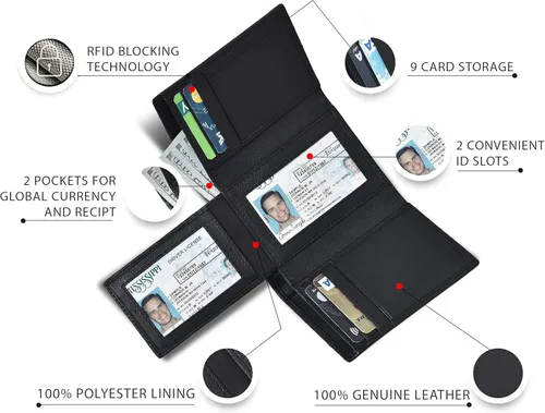 Vista 4 de Billetera triple de cuero real para hombres - Carteras RFID delgadas 9 tarjetas de crédito titular 2 compartimentos de identificación regalo