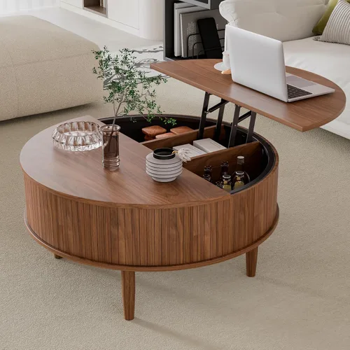Mesa de centro redonda acanalada con tapa elevable y almacenamiento, mesa de centro moderna de mediados de siglo para sala de estar, espacio pequeño