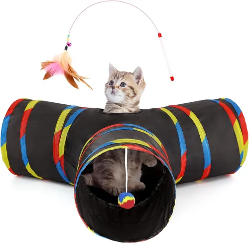Vista 13 de Tempcore - Túnel para gatos con forma de tubo plegable de 3 vías, para interiores, juguete con forma de bola para mirar, para gato, cachorro