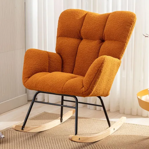 Vista 11 de Silla mecedora moderna para cuarto de bebé, silla deslizadora tapizada con respaldo alto, sillón de acento mecedor con patas de madera maciza