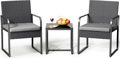 Vista 11 de Gizoon - Juego de muebles de mimbre para patio de 3 piezas; juego de bistrot al aire libre con mesa de vidrio; juego de ratán para conversar