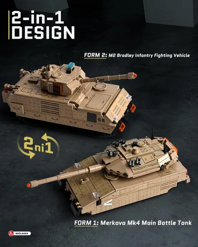 Vista 2 de BOOLAKOS Bloque de construcción militar 2 en 1, vehículo de combate de infantería M2 Bradley convertible y tanque de batalla principal Merkava Mk4