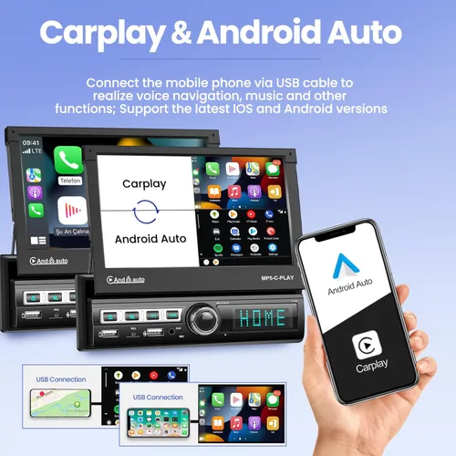Vista 2 de Estéreo de Coche Individual DIN Apple Carplay y Android Auto 1 DIN 7 Pulgadas Pantalla Táctil Abatible Radio de Coche con Bluetooth y Micrófono