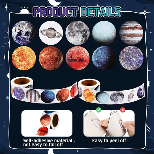 Vista 3 de Lincia 500 calcomanías del sistema solar, planetas educativos a granel, calcomanías espaciales para niños, decoración de cumpleaños, recuerdos