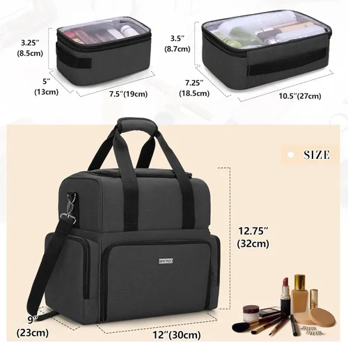 Vista 6 de BAFASO Bolsa de maquillaje de viaje grande de 2 capas con 3 bolsas interiores extraíbles, bolsa para el cabello, bolsa de cosméticos, estuche