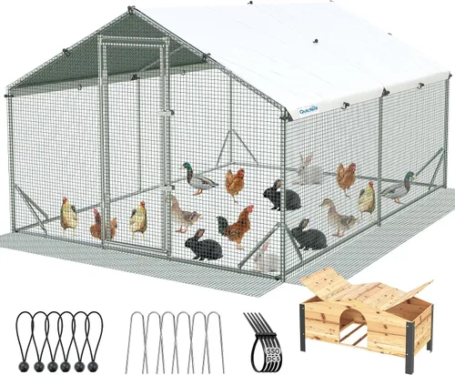 Quictent Gallinero grande de metal para más de 20 aves de corral con caja nido beige, paño y cubierta de herrajes laterales, serie avanzada para