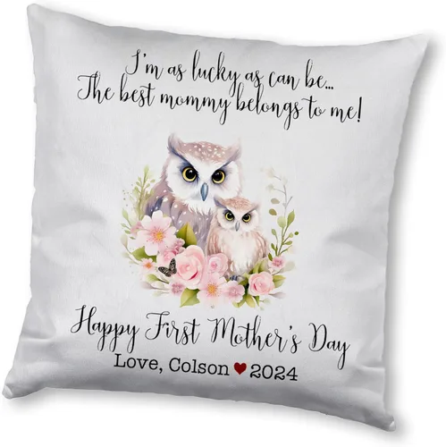 Vista 5 de Funda de almohada personalizada para el primer día de la madre, diseño floral de búho, funda de almohada personalizada para el día de la madre