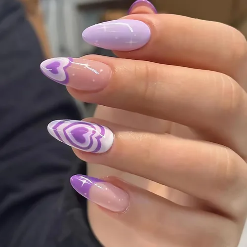 Vista 15 de Uñas postizas largas a presión de almendra, uñas postizas Aurora con punta francesa, 24 unidades, naturales, brillantes, cobertura completa