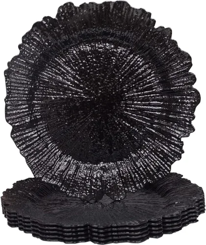 Vista 9 de MAONAME Juego de 12 platos de carga dorados, cargadores de platos de arrecife para plato de cena, cargadores de mesa redondos de plástico