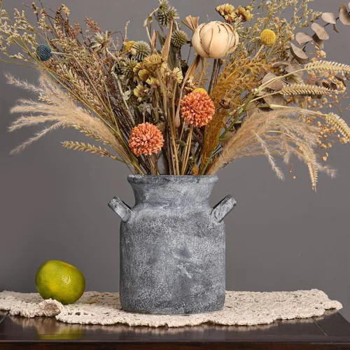 Vista 15 de Quoowiit Jarrón de cerámica rústico de granja, florero decorativo de flores desgastado de 14 pulgadas para decoración del hogar, jarrón blanco
