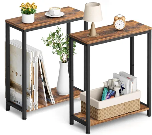 Vista 8 de SLEEPING LAMB Mesa auxiliar estrecha pequeña para espacio pequeño, mesa auxiliar de sofá de 2 niveles, mesa de noche delgada para sala de estar