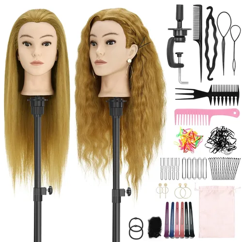 Vista 10 de Cabeza de maniquí de 20 pulgadas con soporte para trípode, 90% cabello real, cosmetología, cabeza de muñeca negra para peluquería práctica trenzada