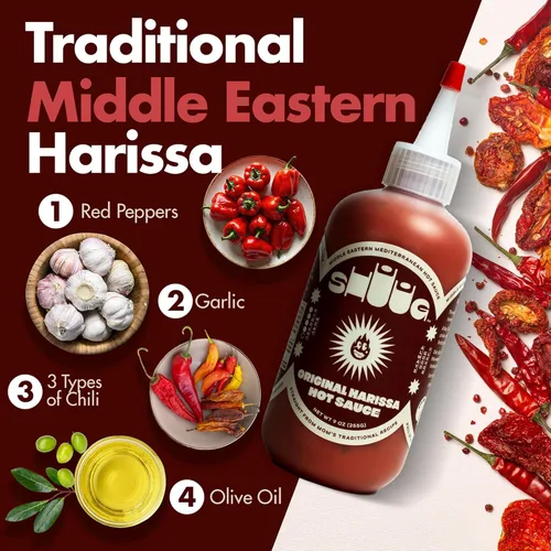Vista 3 de SHUUG Salsa de Harissa (9oz) Sabor Picante y Caliente de Pimiento Rojo Salsa de Pasta de Harissa del Medio Oriente con Chiles Secos, Limón y Ajo