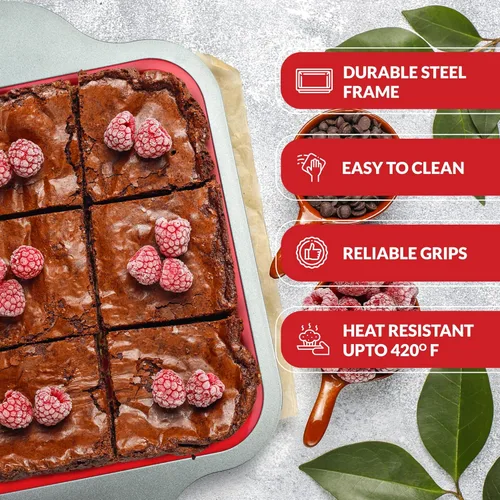 Vista 3 de Boxiki Kitchen Juego de horneado de lujo: molde cuadrado de silicona antiadherente de 8 x 8 pulgadas con marco de acero + molde antiadherente