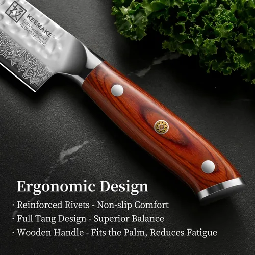 Vista 4 de KEEMAKE Kiritsuke Cuchillo de chef, cuchillo de cocina japonés de Damasco de 8 pulgadas con mango ergonómico de madera de Pakkawood, cuchillo