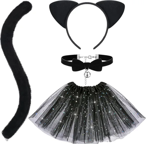 Hotop Juego de 4 piezas de disfraz de gato de Halloween para niñas, diadema con orejas de gato, cola, corbatín, falda tutú para gatito, fiesta de