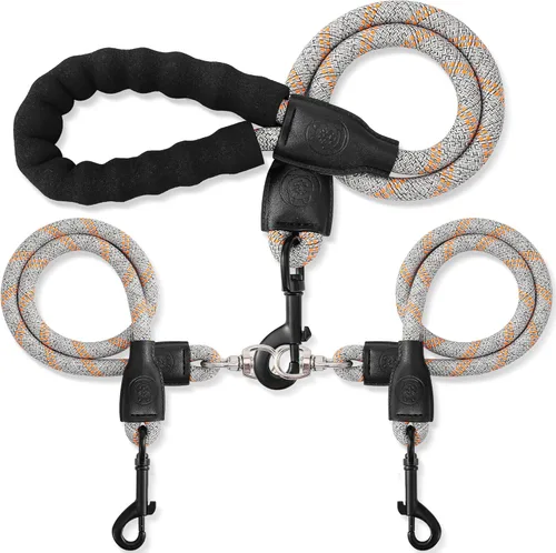 Vista 7 de Correa doble para perro para dos perros, desmontable giratoria de 360°, correa sin enredos con tiras reflectantes para caminar y entrenar perros