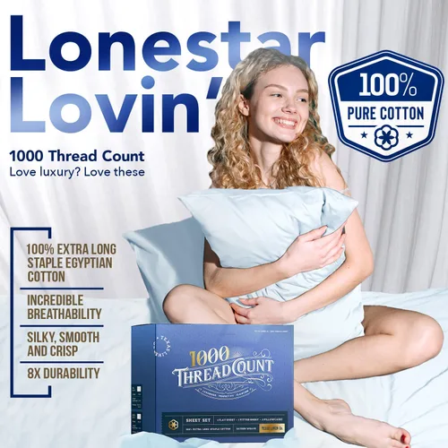 Vista 2 de TEXAS LINEN CO. Juego de sábanas 100% de algodón egipcio tamaño King, sábanas de 1000 hilos de algodón de 4 piezas para cama King, sábanas de hotel