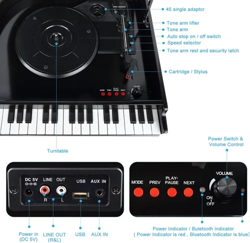 Vista 2 de Tocadiscos Bluetooth con altavoces integrados, tocadiscos modernos de 3 velocidades, reproducción USB y grabación de vinilo a MP3, reproductor