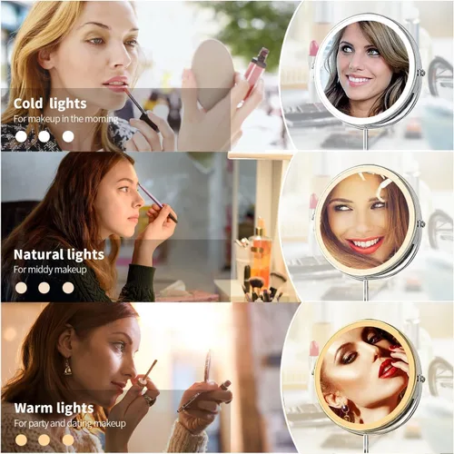 Vista 2 de Espejo de maquillaje iluminado con aumento, recargable de 8 pulgadas, 1 x 10 luces de tocador con aumento, doble cara giratoria de 360°, regulable