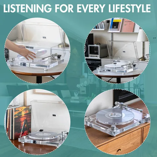 Vista 2 de Tocadiscos de vinilo, tocadiscos con Bluetooth 5.3, preamplificador integrado, doble velocidad 33/45 RPM, brazo de fibra de carbono, diseño acrílico