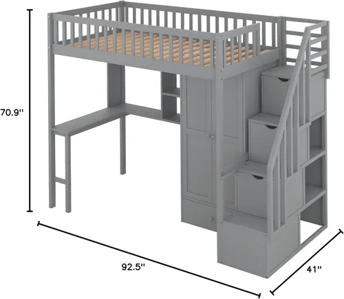 Vista 2 de Cama loft multifuncional de tamaño individual con estantería y cajones, marco de cama de madera con escritorio y armario, cama alta