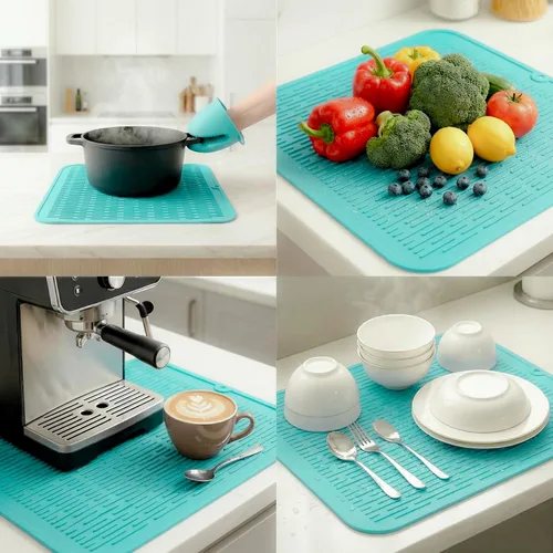 Vista 4 de MicoYang Tapete de silicona para secado de platos para múltiples usos, fácil de limpiar, ecológico, resistente al calor, tapete de silicona