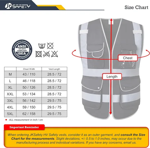 Vista 5 de JKSafety - Chaleco de seguridad con cierre frontal 9 bolsillos clase 2 alta visibilidad con correas reflectantes, cumple con normas ANSIISEA