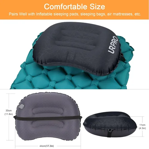 Vista 2 de Almohada inflable ultraligera de viaje para campamento, compresible, compacta, cómoda, ergonómica, para cuello y campamento de apoyo lumbar, Negro