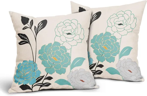 Juego de 2 fundas de almohada de 16 x 16 pulgadas con diseño de flores para exteriores, color azul brillante, gris claro, floral, fundas de almohada